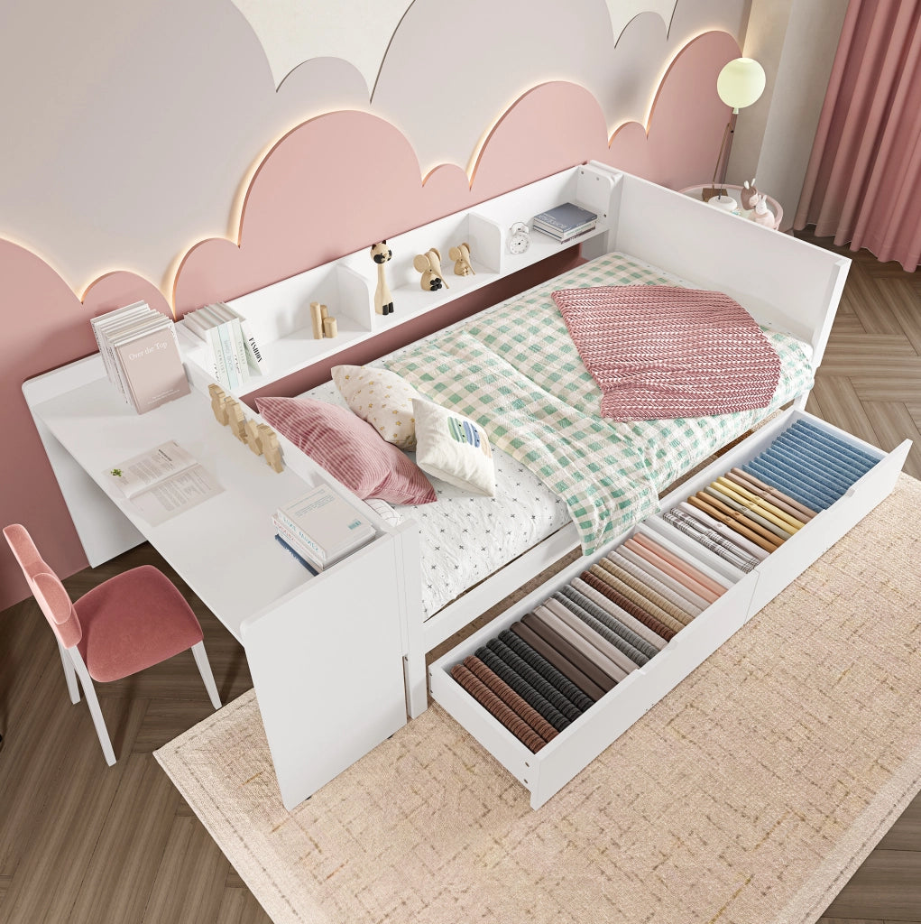 Letto singolo 90x200 cm con scrivania, cassetti e ripiani
