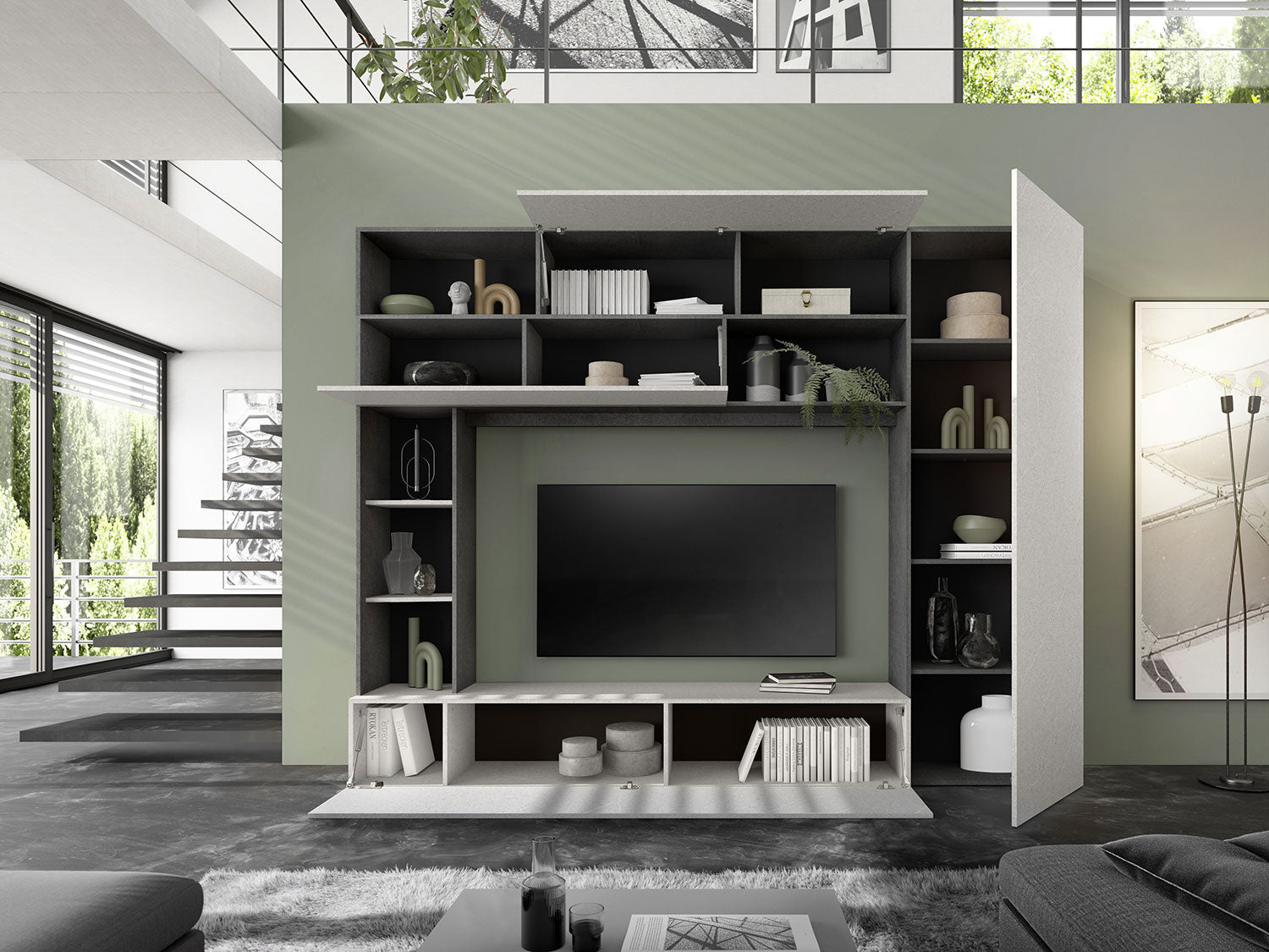 Parete Attrezzata Design Contemporaneo 277x40x210 cm Pratiko Ghisa e Pietra