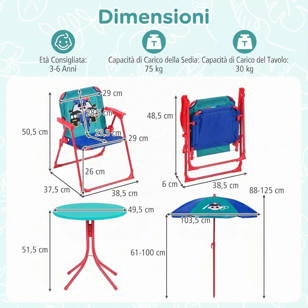 Set Tavolo e Sedie da Giardino per Bambini 3+ Anni con Ombrellone | Set da Esterno 4 Peezi Regolabile in Altezza con Tavolino Rotondo, 2 Sedie Pieghevoli e Ombrellone per Campeggio e Picnic