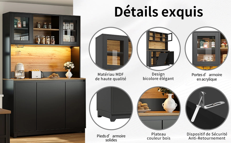 Mobile da cucina 120x40x180 cm, nero, con ante in acrilico e illuminazione LED
