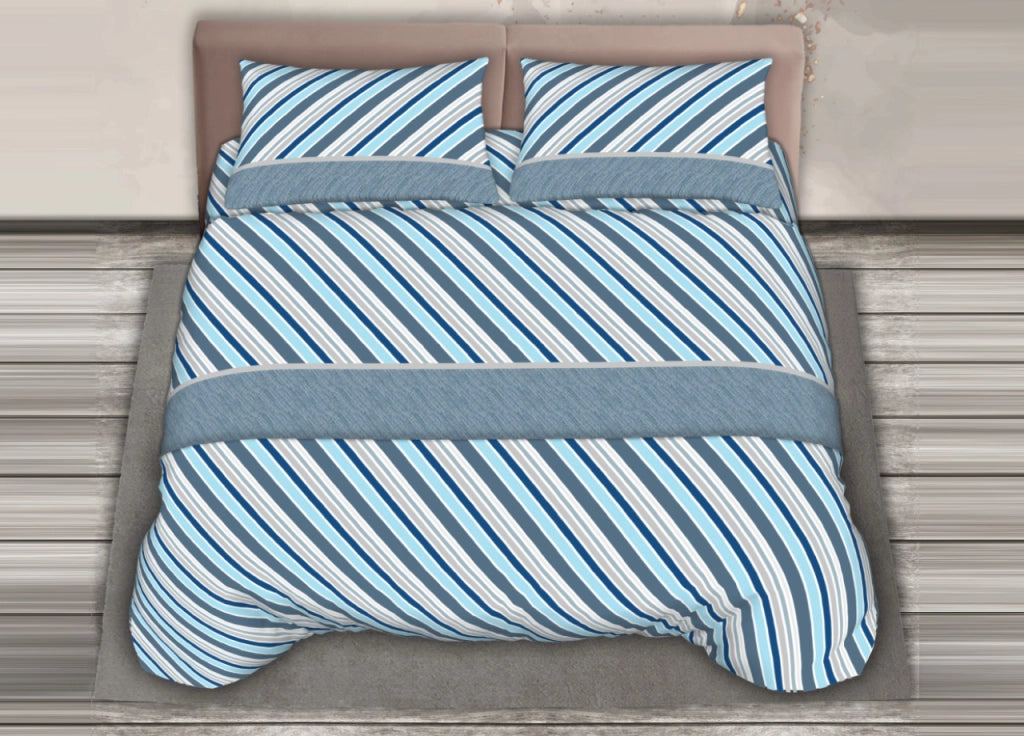 Completo Lenzuola Stiro Facile 100% Cotone Made Italy Effetto Seta Disegno Cross - Matrimoniale - Azzurro