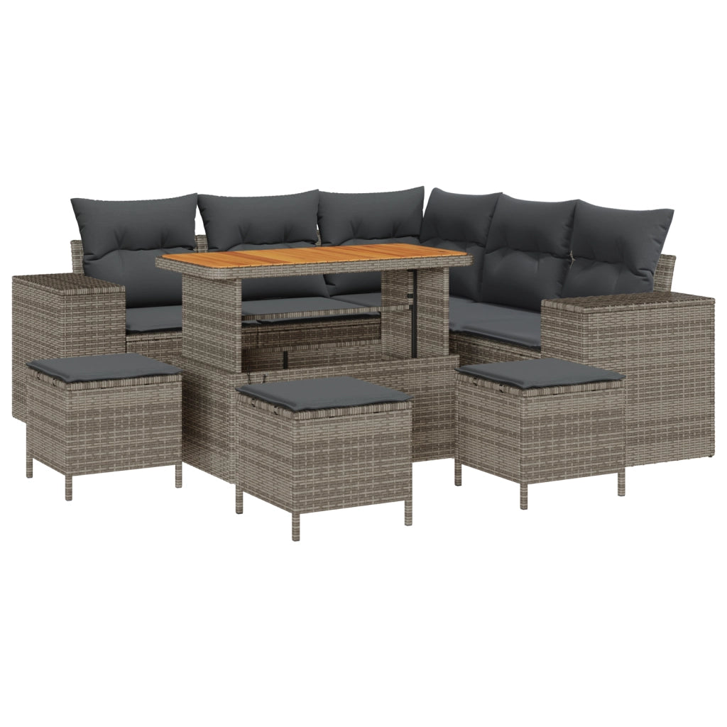 Set Divano Giardino da 9 Pezzi con Cuscini Grigio Polyrattan Acacia