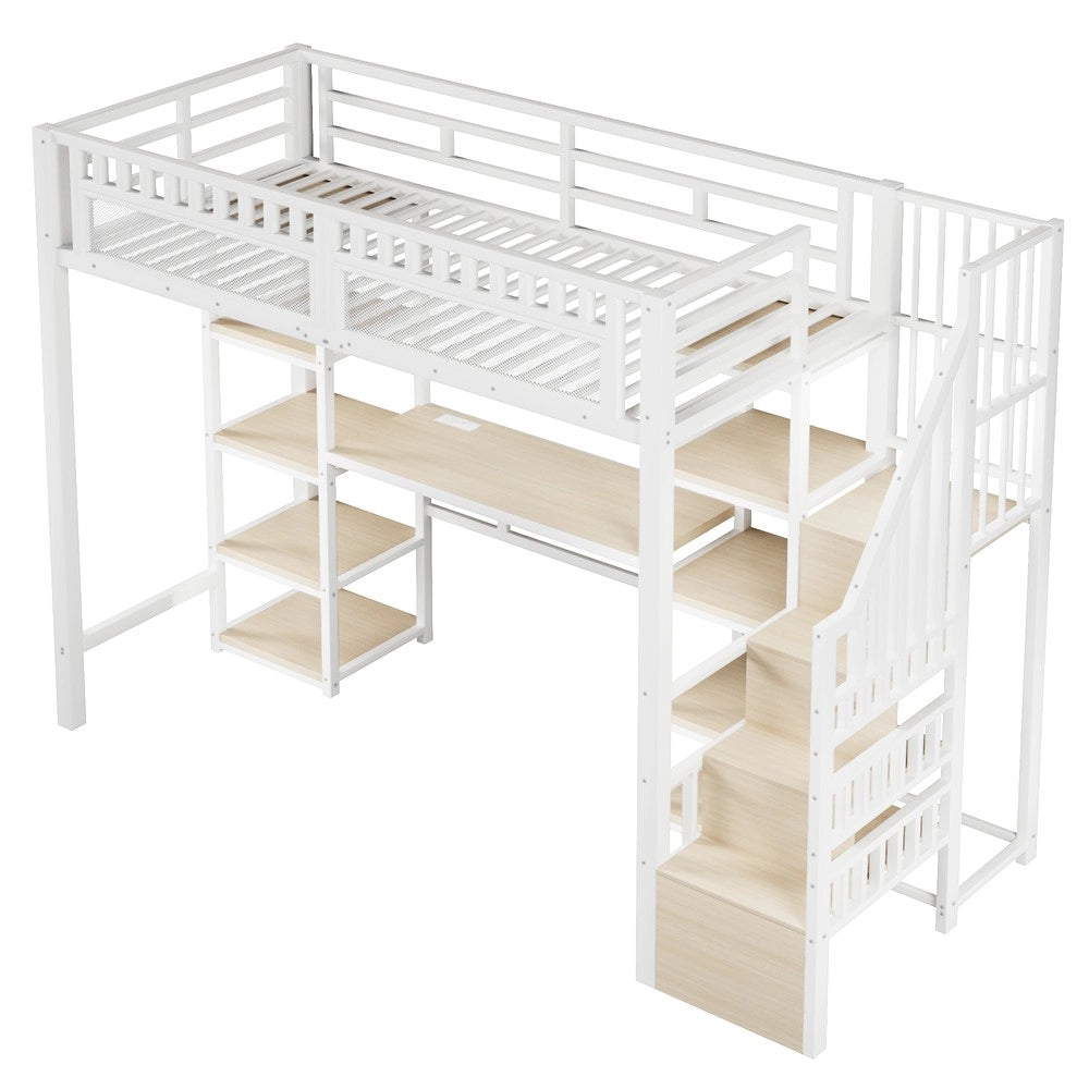 Letto a Soppalco con Scrivania e LED ¨C Xylo ¨C Bianco, 90x200, Metallo