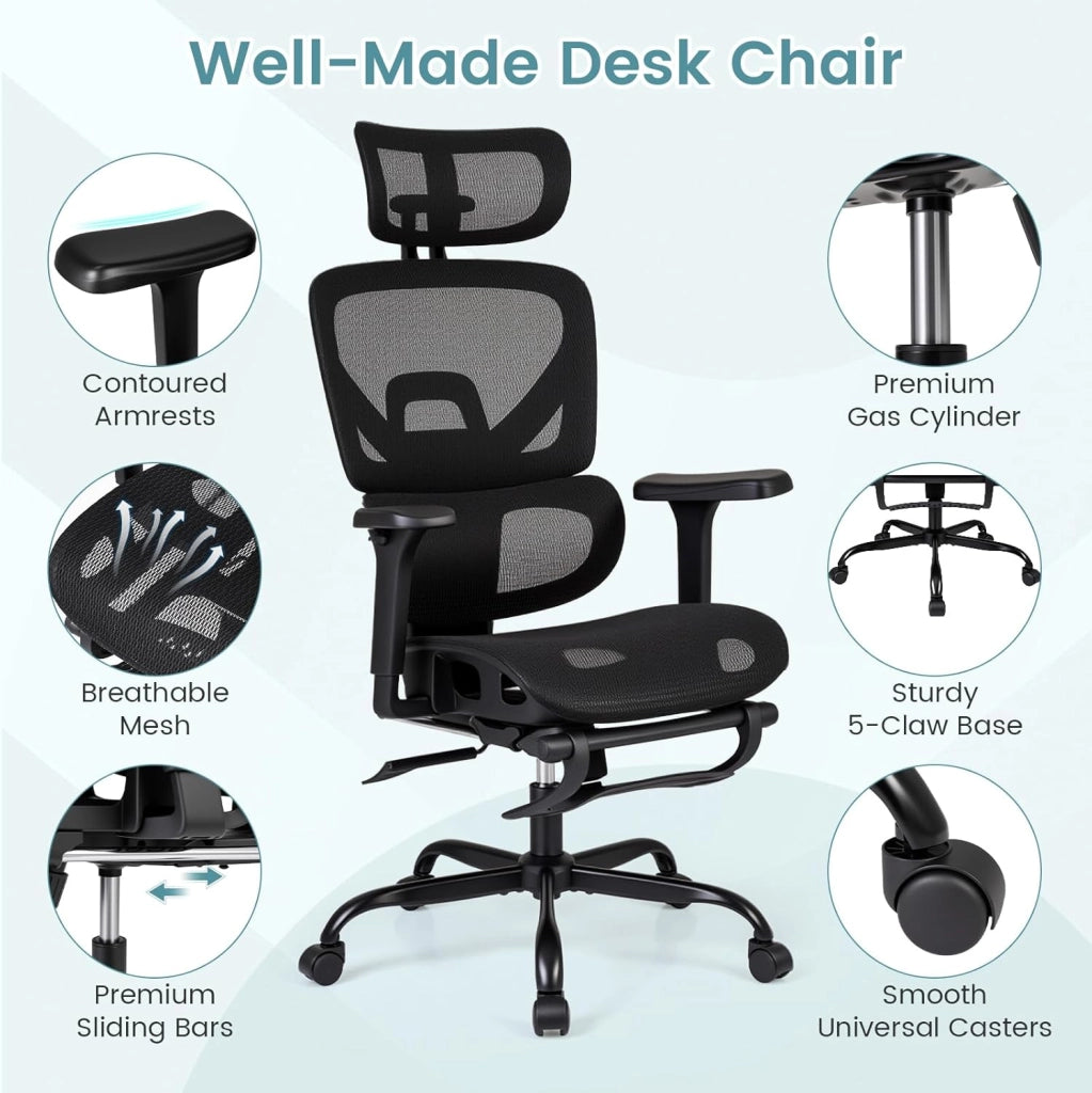 Sedia da ufficio ergonomica, sedia da scrivania girevole con altezza regolabile, schienale in rete, braccioli 3D e poggiapiedi retrattile, funzione di bilanciamento, 5 ruote, carico 136 kg