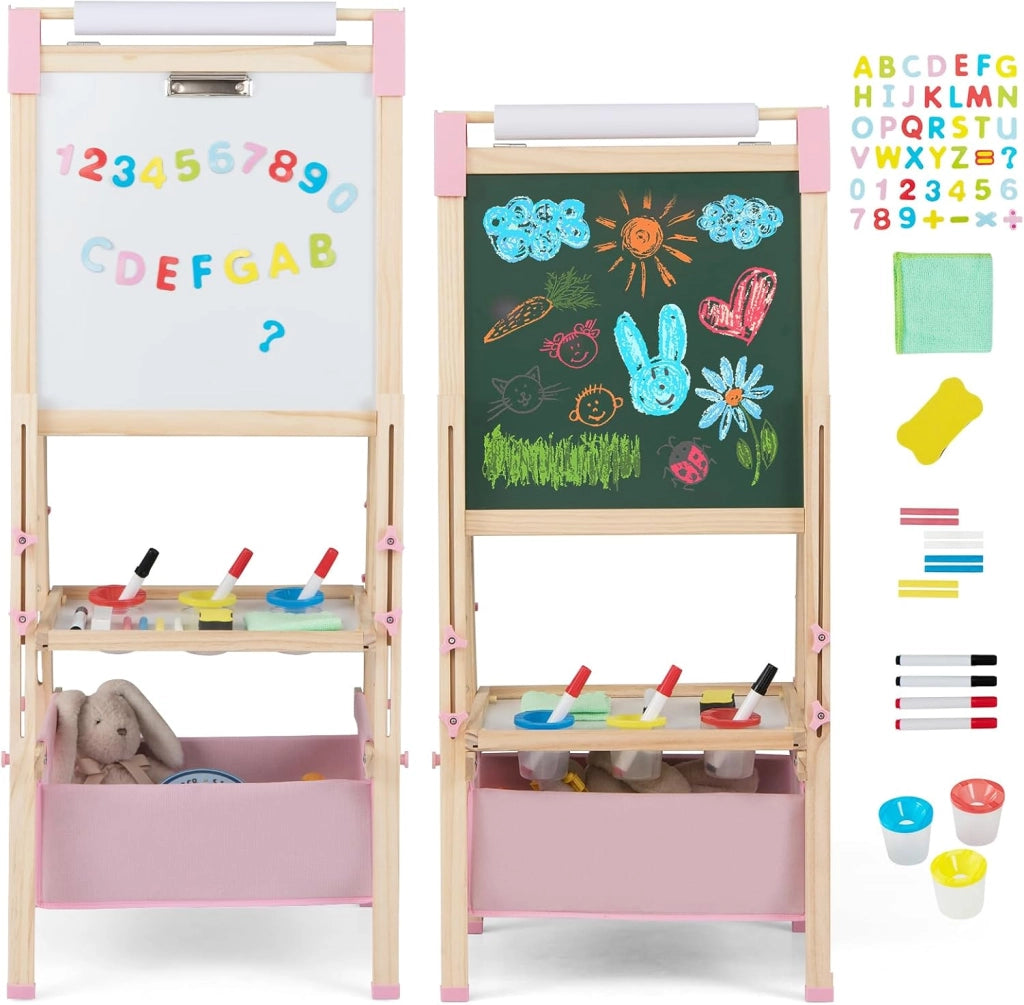 Cavalletto per Bambini Regolabile in Altezza in Legno, Cavalletto a Doppio Lato con Lavagna Magnetica e Bianca, con Scatola, Magneti con Lettere e Numeri, per Bambini 3-8 Anni (Rosa)