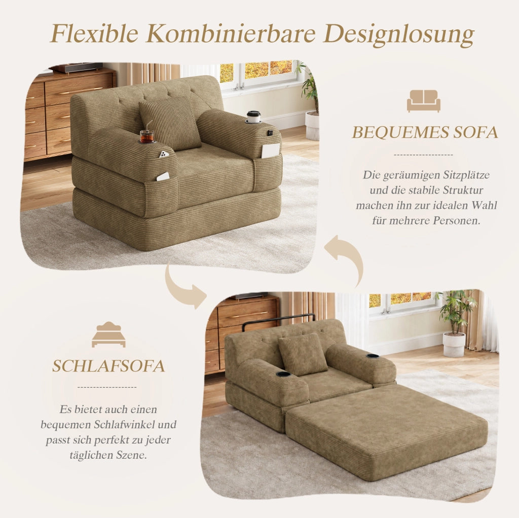 Poltrona letto 1 posto 107x162 cm in velluto a coste con portabevande; kaki