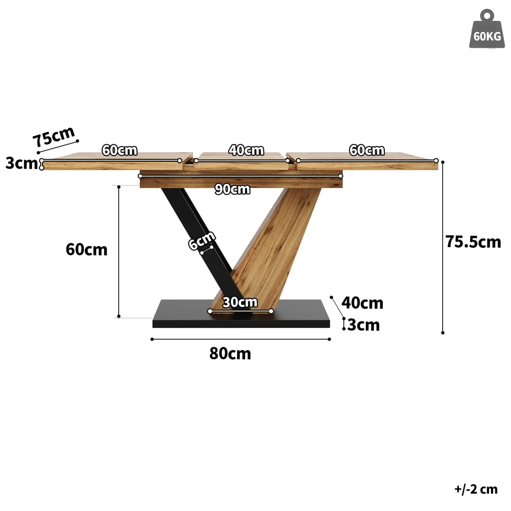 Tavolo allungabile con piano in MDF effetto legno, gambe in metallo, per cucina e soggiorno, 120 × 75 × 75,5 cm
