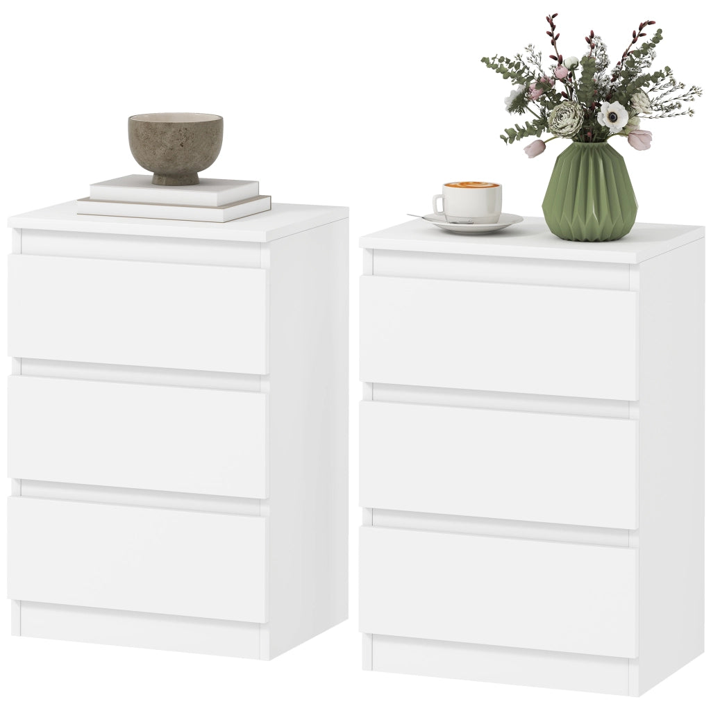 Comodini in 2 Pezzi con 3 Cassetti, Design Senza Maniglia, Finitura Legno, Bianco ¨C Minimal ¨C 40x40x50