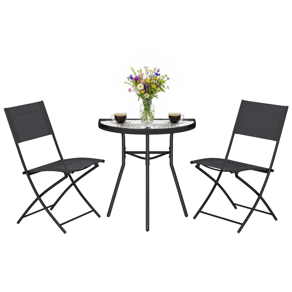 Set Bistrot Esterno 3 Pezzi ¨C zephmum ¨C Nero con Tavolo Vetro Semicircolare e Sedie Pieghevoli