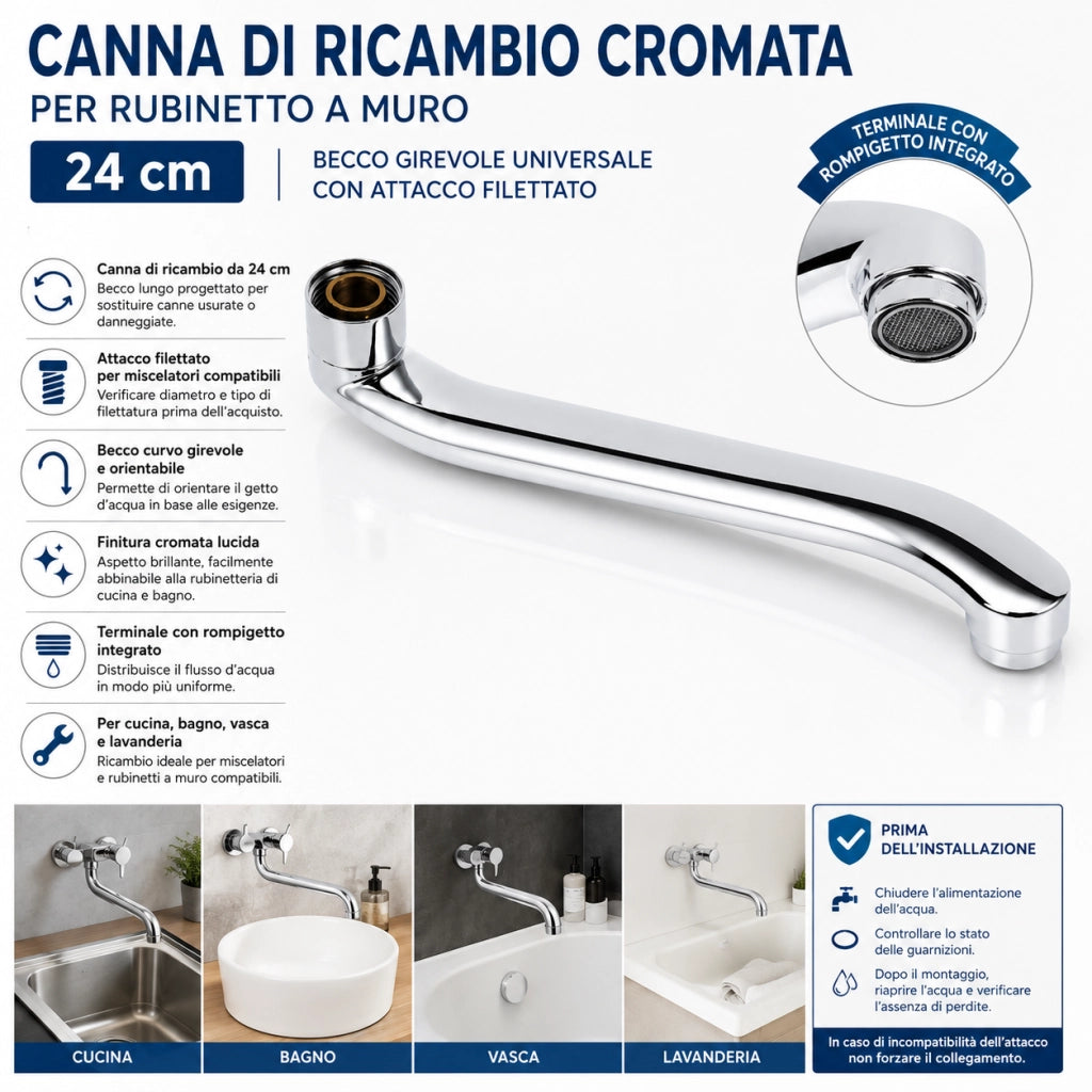 Canna Ricambio Cromata 24 cm Girevole per Rubinetto a Muro 710048