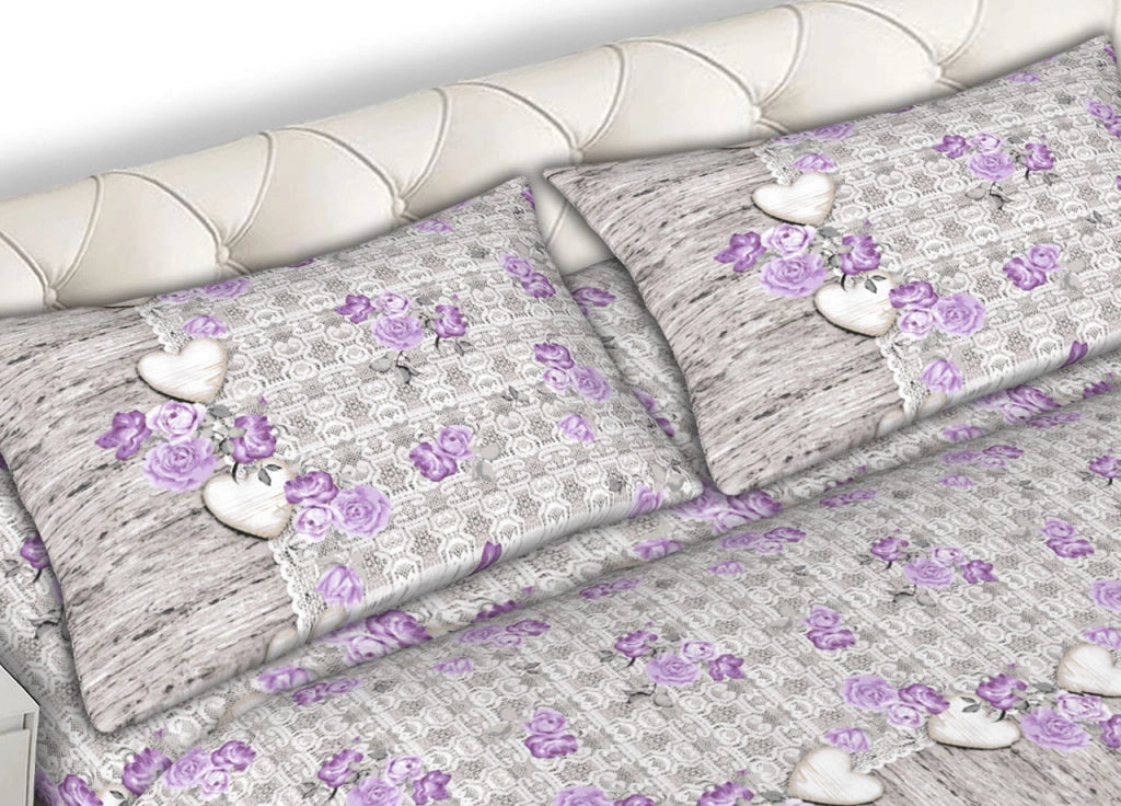 Completo Lenzuola Letto Matrimoniale 100% Cotone Made Italy Dis. Lara CN - 2 Piazze - Lilla