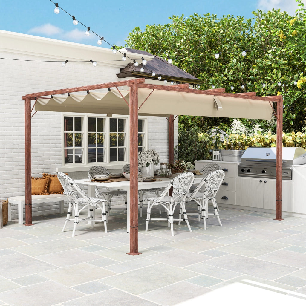 Gazebo Pergola con Tetto Retrattile ¨C Minimal ¨C Poliestere, Alluminio, Legno, 382x300x232 cm