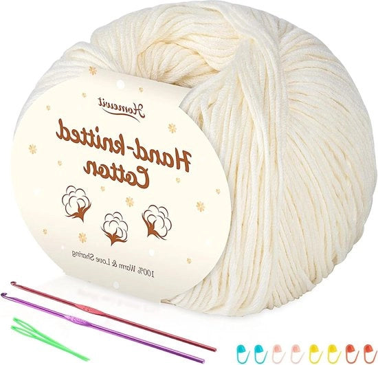Set di filato di cotone beige 6 pezzi - 100% cotone per bambini - cotone morbido per neonati - 50g - 2 uncini per maglia in metallo - maglia e ricamo DIY