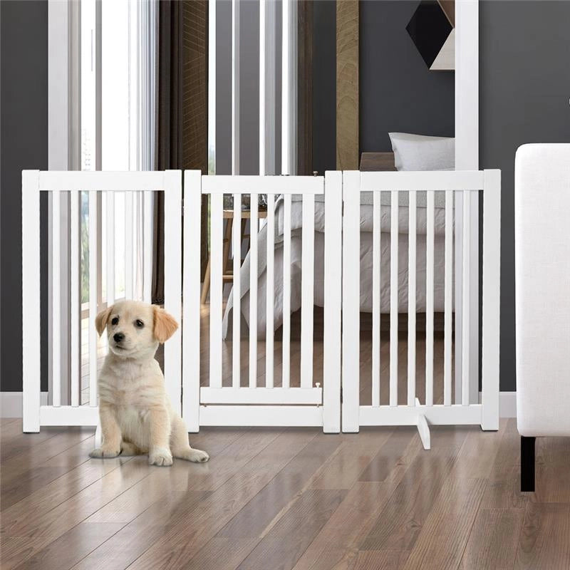 CANCELLINO PER CANI PIEGHEVOLE A 3 PANNELLI, PORTA CENTRALE CON BLOCCO, STRUTTURA IN MDF, 155X76CM BIANCO