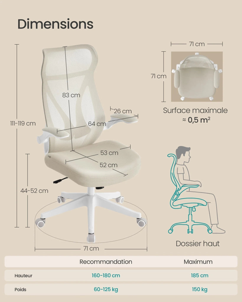 Sedia da ufficio ergonomica schienale regolabile in altezza braccioli pieghevoli girevole con poggiatesta portata 150 kg beige 12_0004859