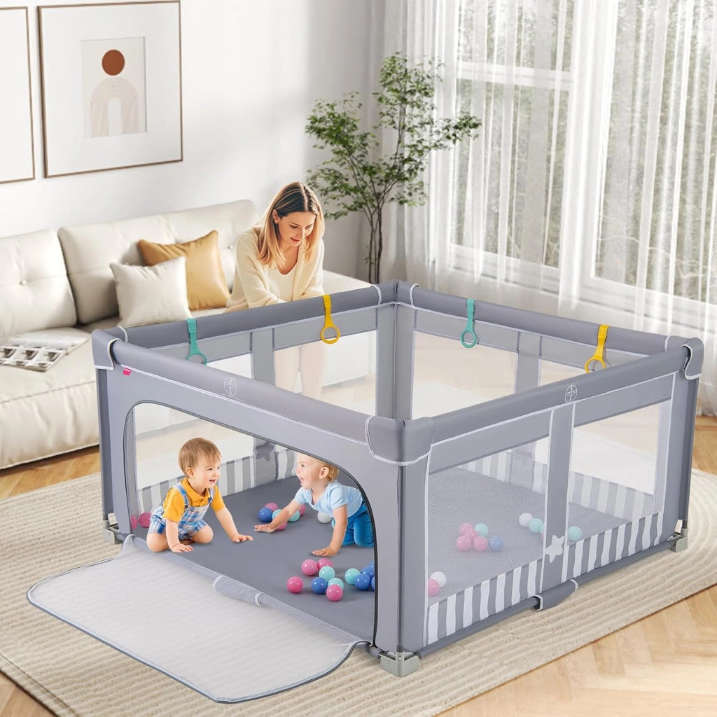 Box per Bambini 150 x 150 cm, Recinto per Neonati Pieghevole in Tessuto Oxford con Rete Traspirante, Centro Attività con 50 Palline, 4 Pezzi Anelli e Borsa (Grigio+Bianco, 150 x 150 cm)