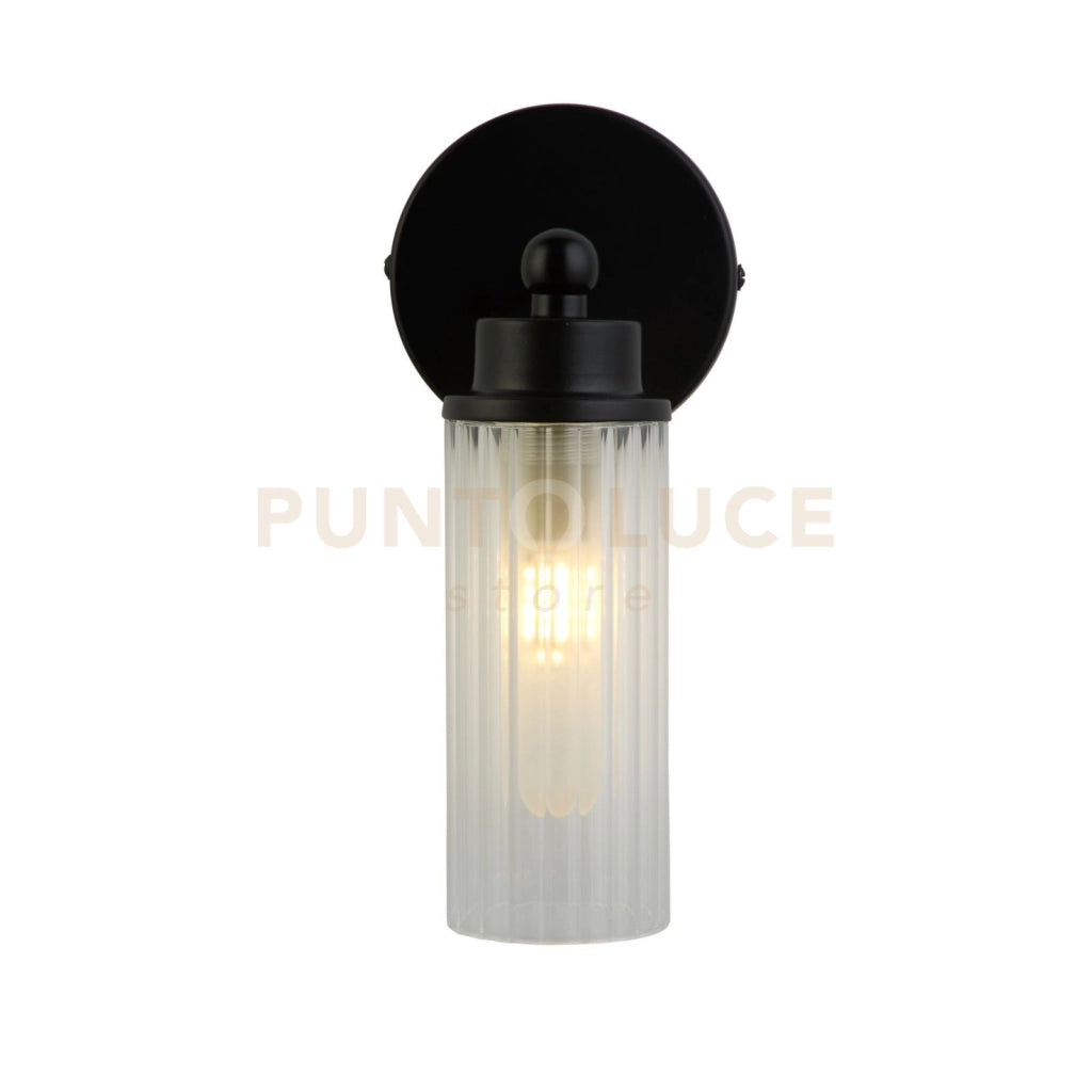 Applique Imperial 1Lt, metallo nero opaco e vetro trasparente a coste