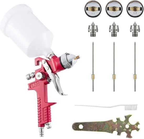 Kit di verniciatura con pistola a spruzzo e set di atomizzatori 1 4+ 8 mm 25 mm kit contenitore in plastica 600 ml bicchiere in acciaio cromato rosso alimentato a HVLP