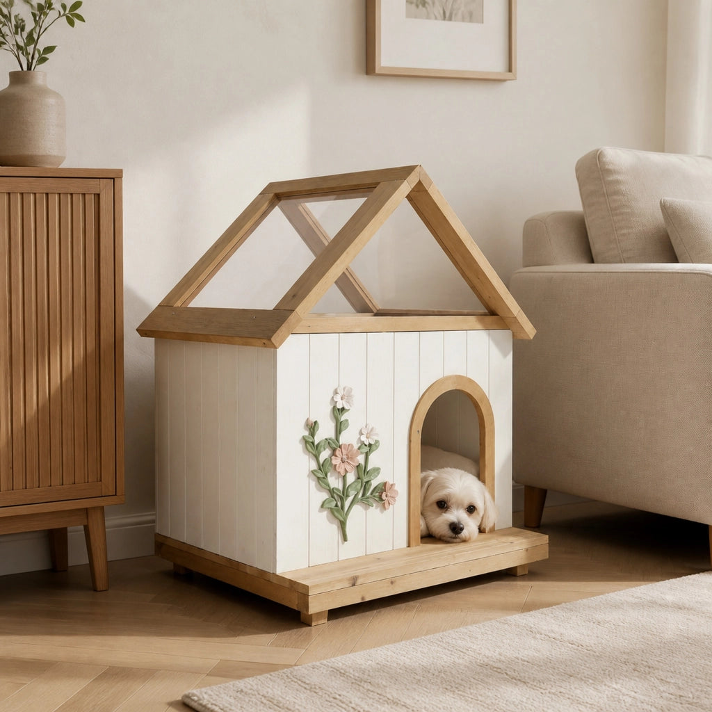 Casetta decorativa per gatti in legno massello FSC®, stile cottage, mobile indoor per gatti e cani di piccola taglia