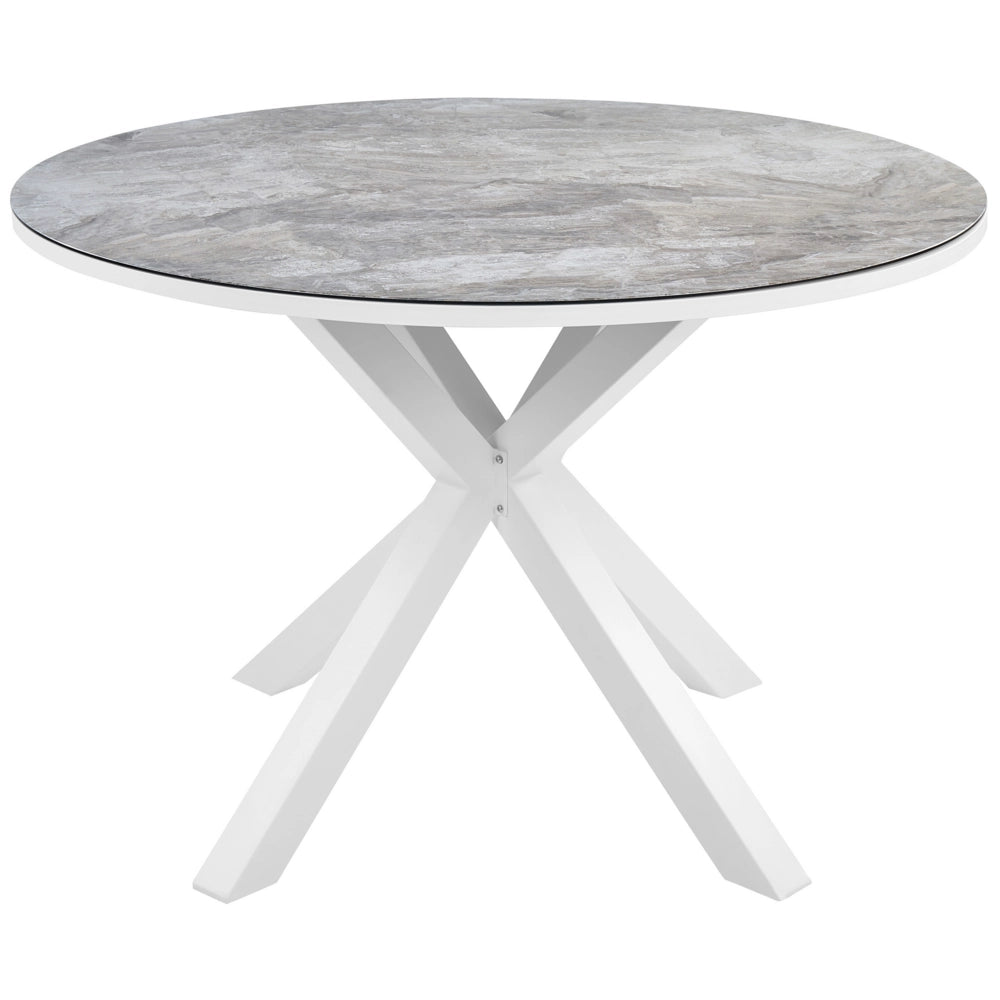 Tavolo da giardino in alluminio con gambe in alluminio e piano con effetto marmo bianco stile moderno