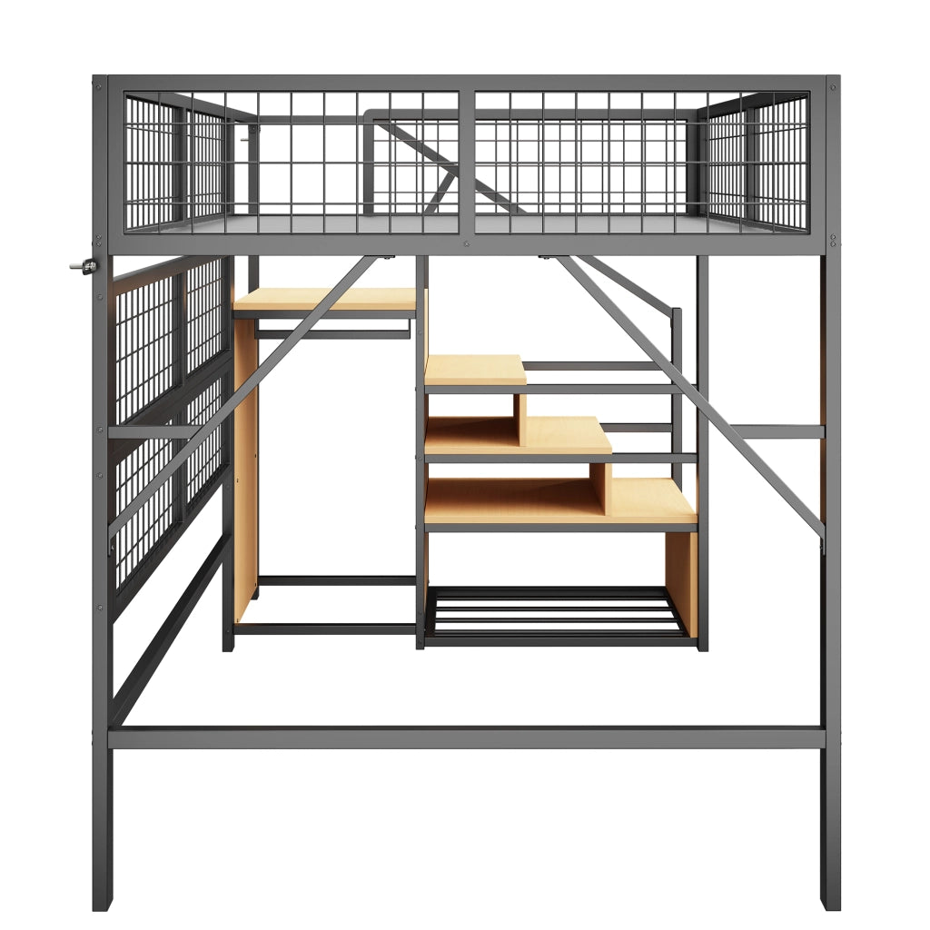 Letto a soppalco in metallo 140x200 cm con scala contenitore, LED controllato da app e armadio aperto, Nero/Bianco