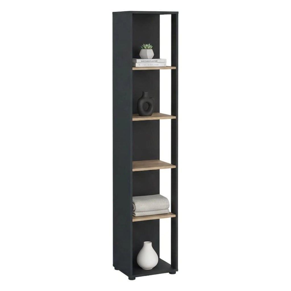 Libreria Baaz, Scaffale da ufficio, Mobile portalibri, Biblioteca, 41x34 h205 cm, Rovere e Grigio