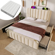 LETTO imbottito 160x200 cm Beige in lino con 4 cassetti e materasso incluso