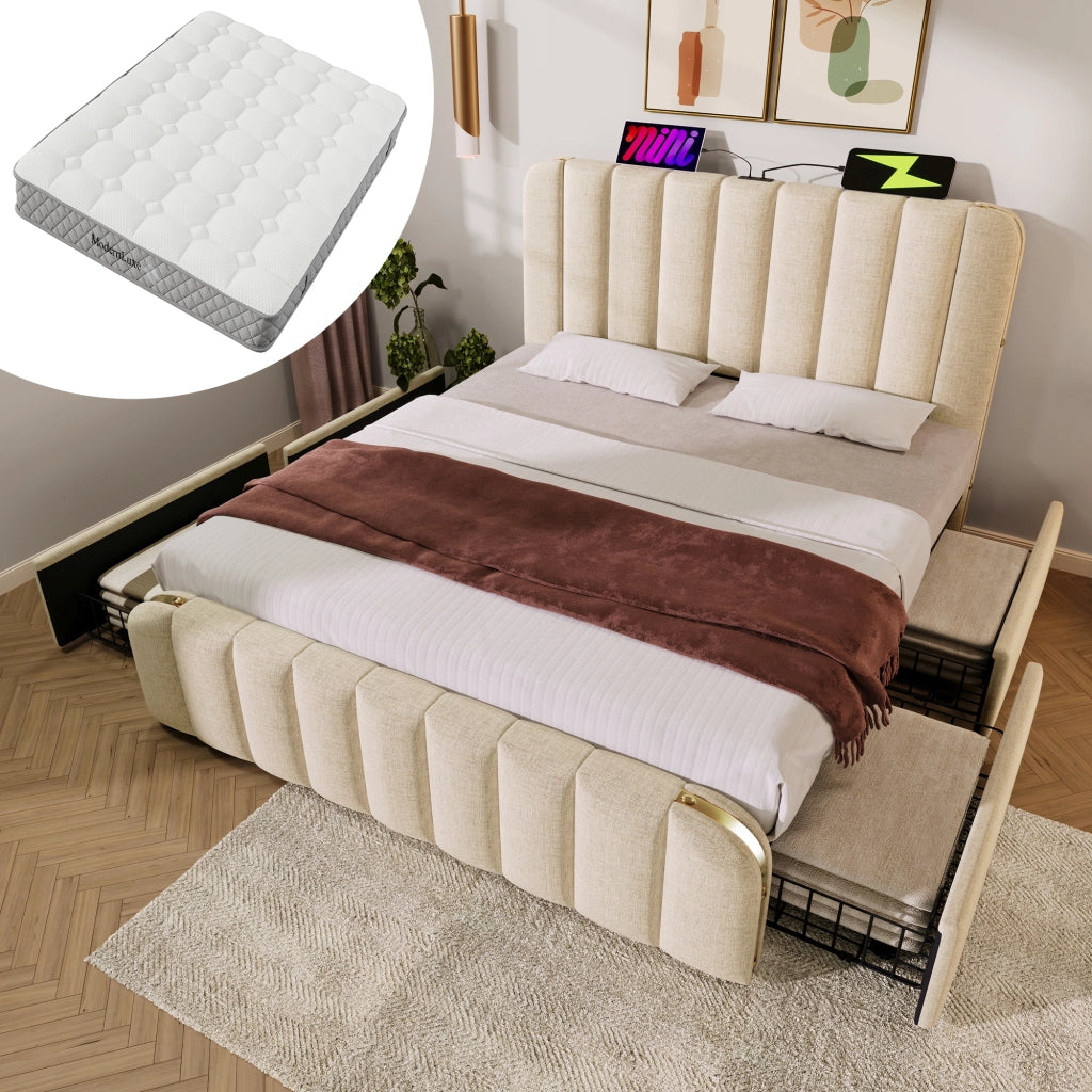 LETTO imbottito 160x200 cm Beige in lino con 4 cassetti e materasso incluso