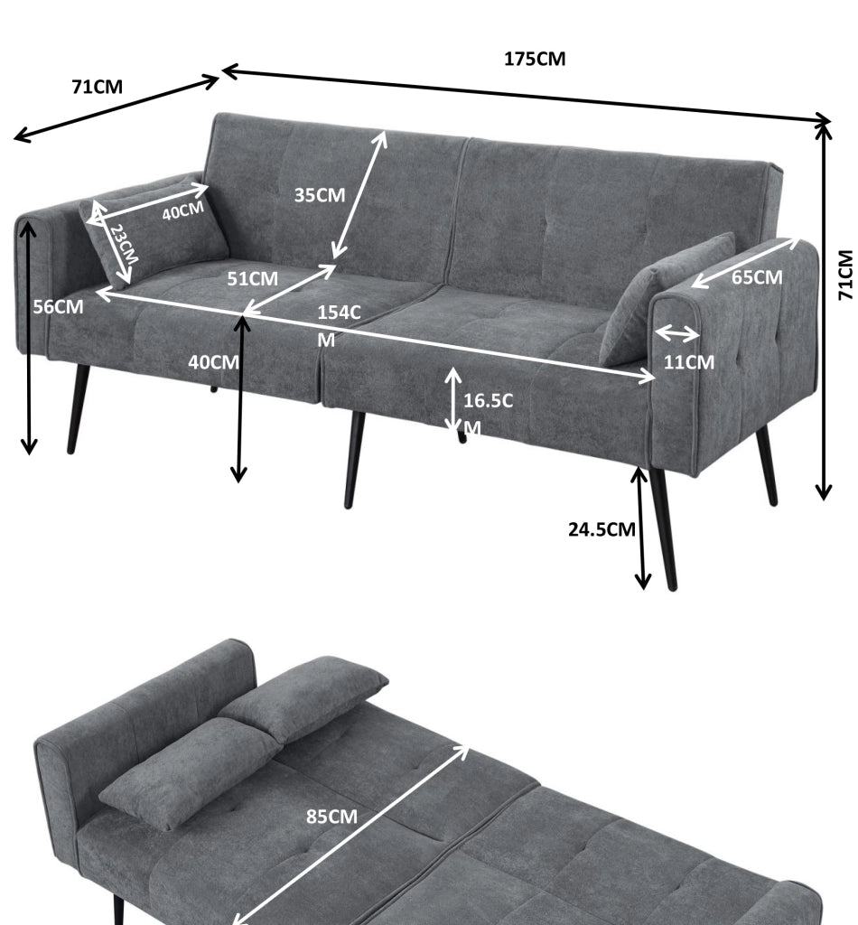 Divano letto 175x71 cm in tessuto grigio， schienale regolabile