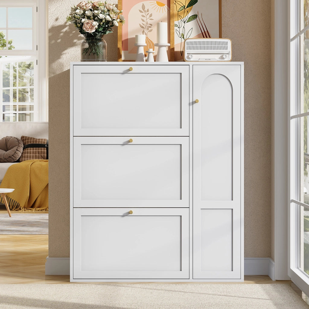 Scarpiera con 3 ante ribaltabili e 1 anta laterale, divisori regolabili per ingresso e soggiorno, bianco 90 × 25 × 114 cm