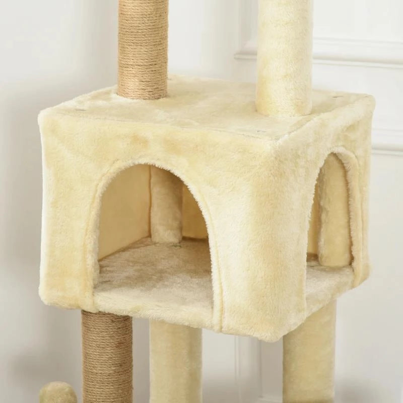 ALBERO TIRAGRAFFI PER GATTI ALTO 136 CM CON CUCCIA RIMOVIBILE, CASETTA E LETTINO, PALI IN IUTA, BEIGE