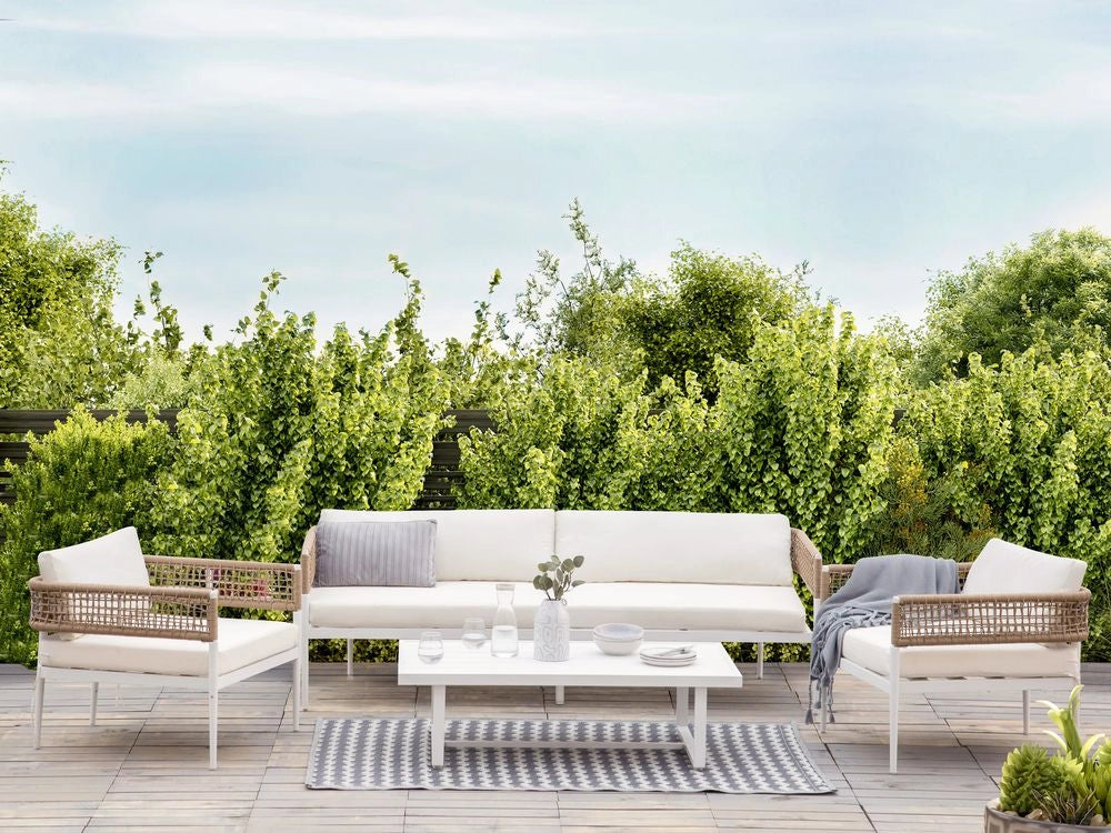 Set di divani da giardino Bianco Alluminio Poliestere Divano 5 posti 2 sedie e tavolo