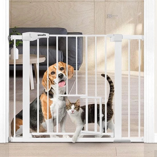 Serratura di sicurezza per scale da 75 a 103cm con porta per gatti - Bianco, senza foratura necessaria, per bambini, bambini e gatti