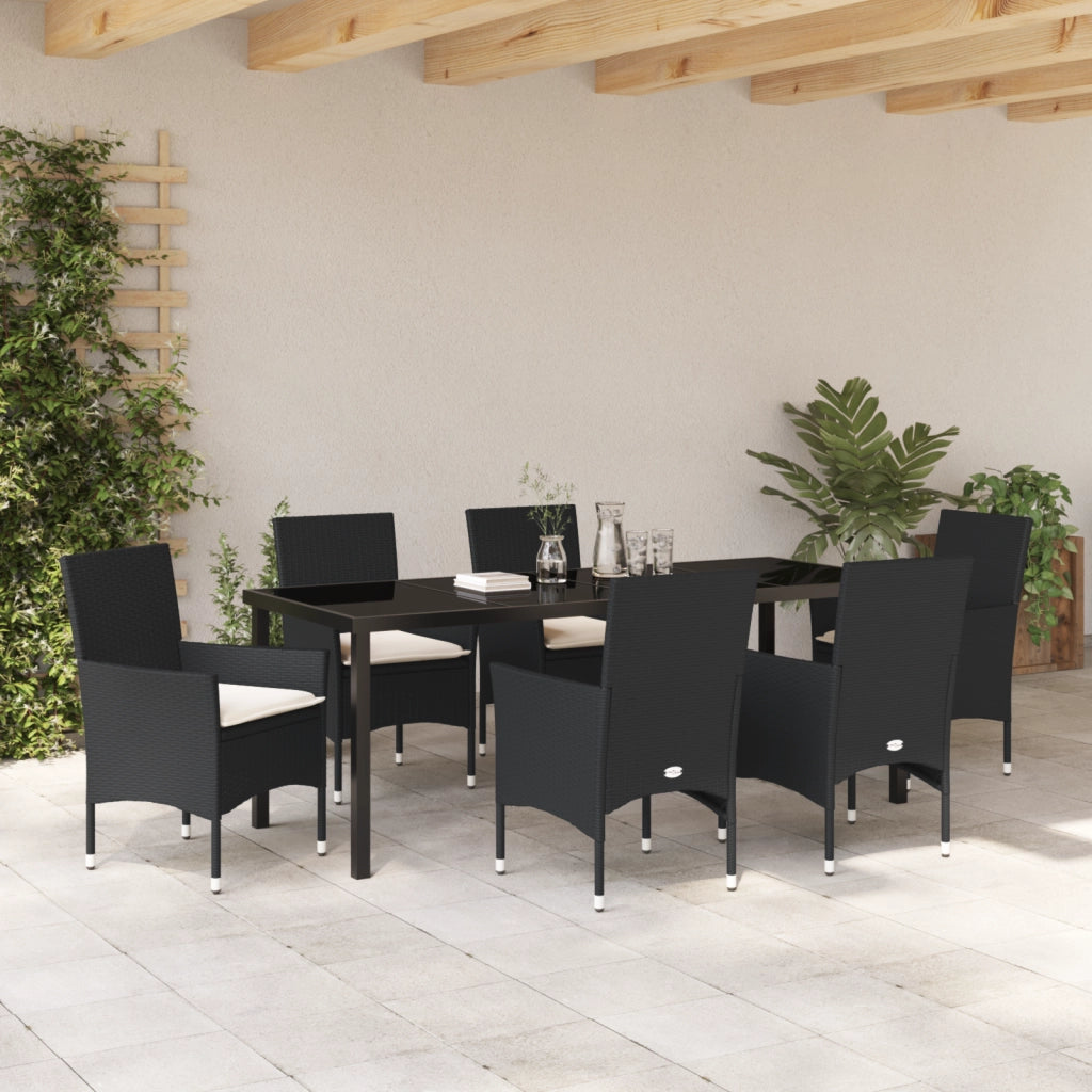 Set da Pranzo da Giardino 7 Pezzi con Cuscini Rattan Poliestere Nero