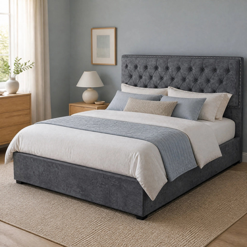 Letto 140x200 cm in velluto olandese grigio con testiera alta e doghe in legno