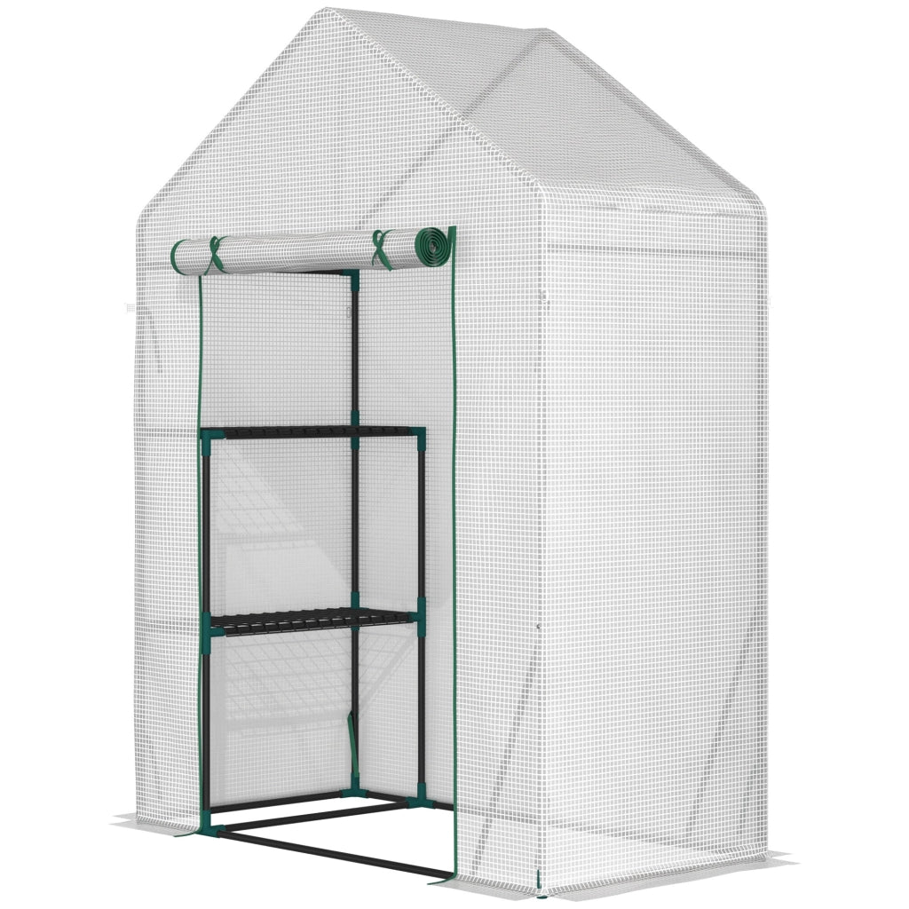 EasyComfort Serra da Giardino in PE e Acciaio per Esterni con 2 Scaffali e Porta Avvolgibile, 143x73x195 cm, Bianco