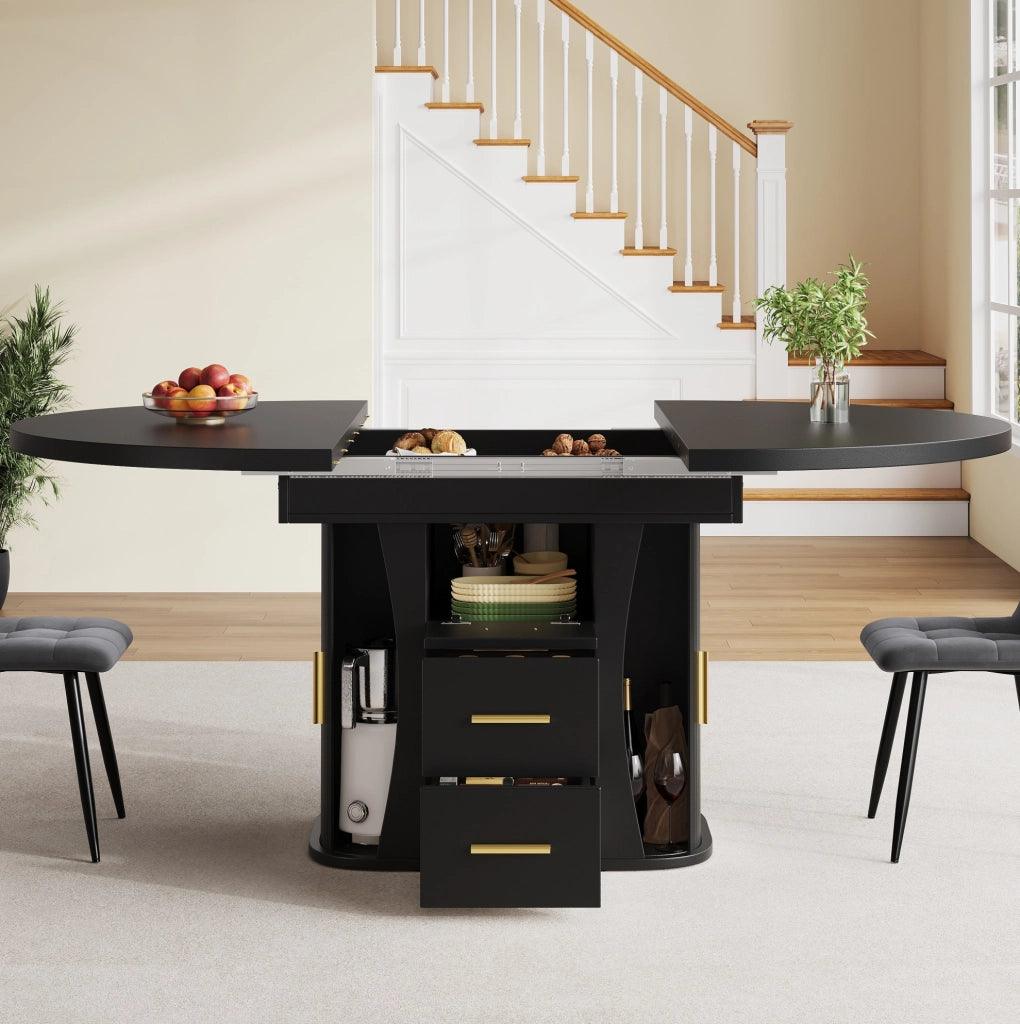 Tavolo da pranzo allungabile 118-158 cm nero in MDF con contenitore, 6 posti