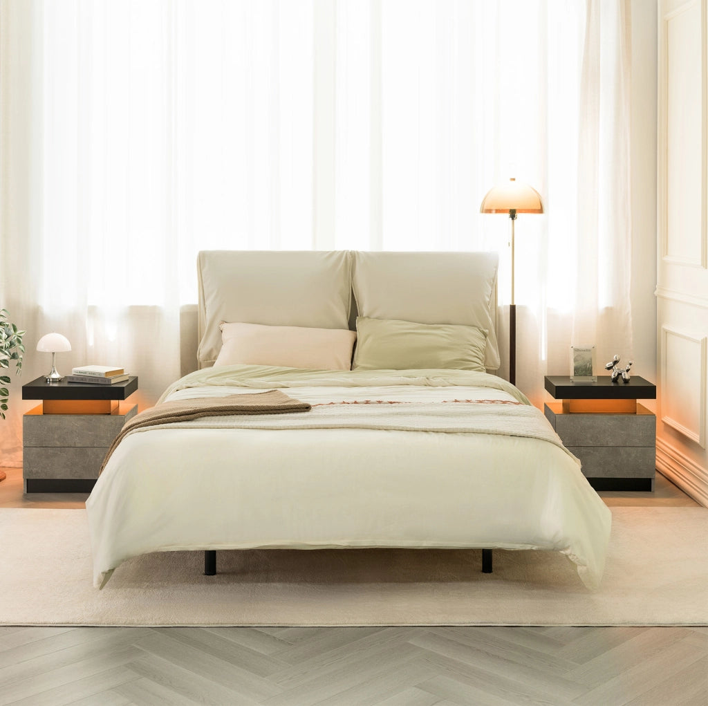 Comodino con luci LED regolabili e 2 cassetti in legno ingegnerizzato grigio