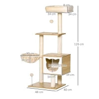 Tiragraffi per Gatti con 2 Pali, Casetta, Amaca, Lettino e 2 Palline, in Legno, Pile e Sisal, 48x40x126 cm