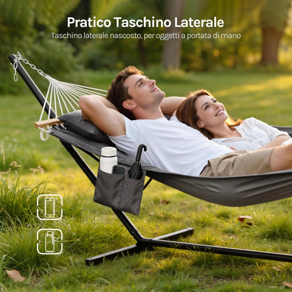 Amaca da Giardino con Supporto, Tasca Laterale e Cuscino, Capacità di Carico 250 kg, Ampia Amaca Doppia per Terrazza, Balcone, Campeggio, Grigio Scuro
