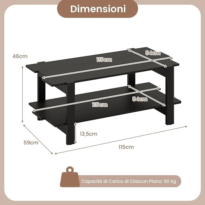 Tavolino da Caffè a 2 Ripiani, Tavolino Rettangolare da Salotto in Legno con Mensola di Stoccaggio, Ideale per Ufficio e Soggiorno, 115 x 59 x 46 cm (Nero)