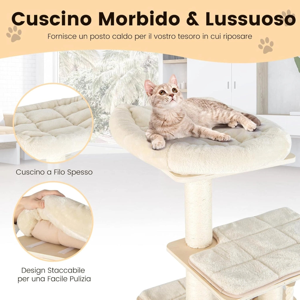 Albero Tiragraffi per Gatti Moderno 170 CM, Tiragraffi per Gatti Multistrato con Trespolo, Superiore Nicchia in Legno, Pali, Tiragraffi in Corda di Sisal e Piattaforme
