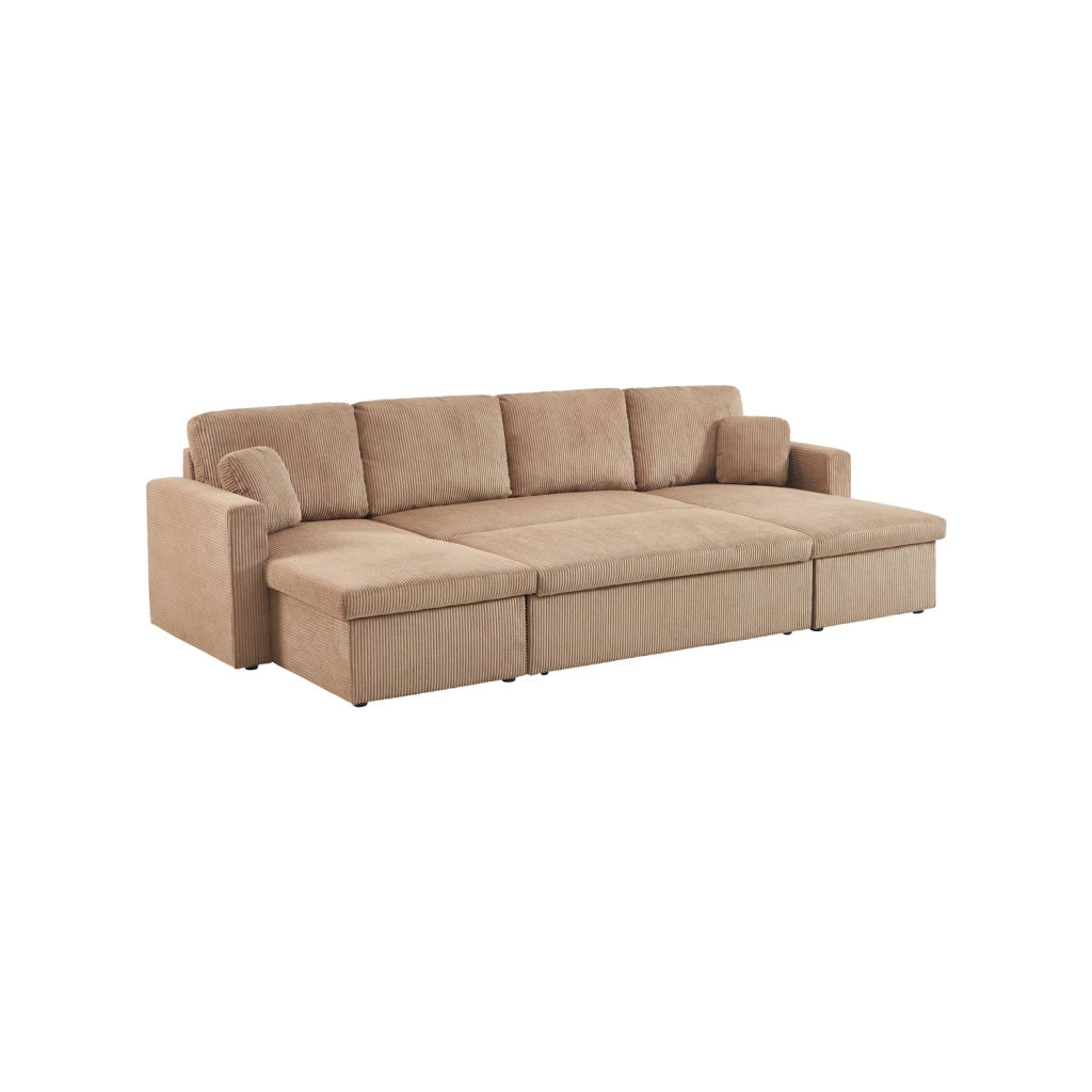 Divano convertibile in velluto a coste con contenitore, 4 posti, beige