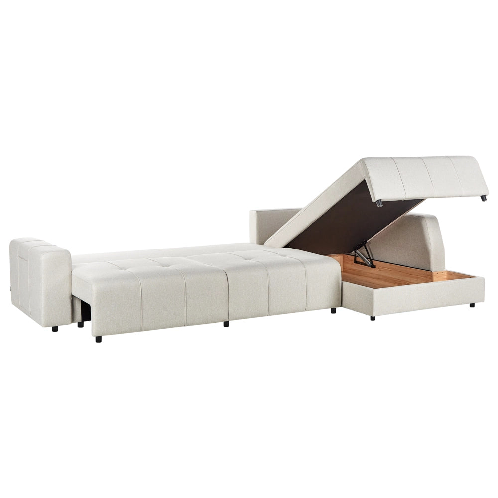 Divano imbottito a 4 posti ad angolo in tessuto beige chiaro con braccioli porta riviste e contenitore stile moderno soggiorno