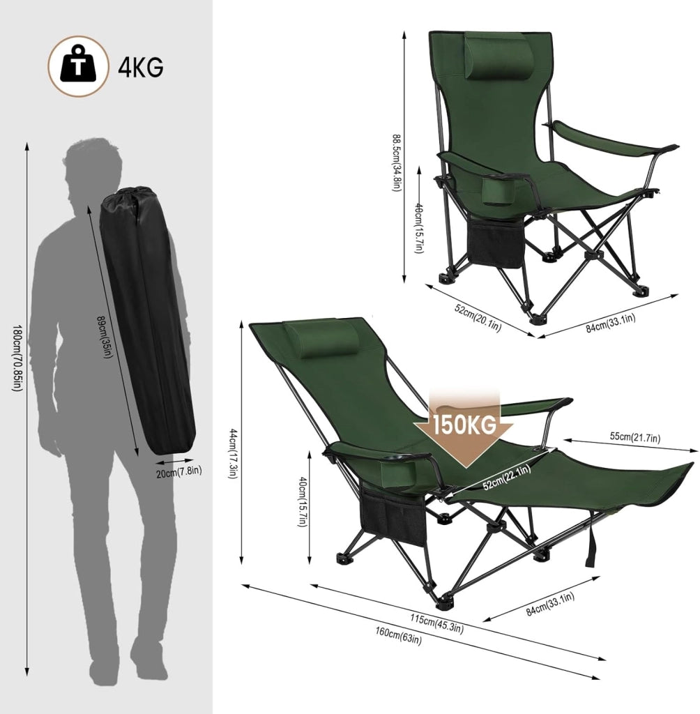 Set di 2 Sedia da Campeggio Portatile Reclinabile, Sedia Pieghevole Esterno con Poggiapiedi, Poggiatesta e Borsa da Trasporto, per Pesca, Giardino, Verde