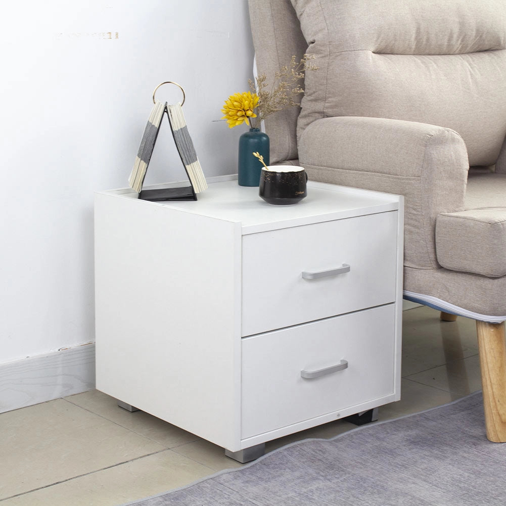 Comodino Bianco 2 Cassetti in Legno Design Moderno Minimal 40x43x44 cm