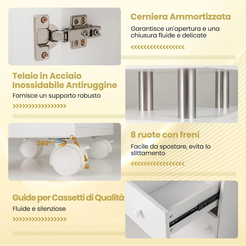 COSTWAY Tavolo Manicure con Aspirapolvere, Tavolo Unghie con Cassetti, Spina, 3 Sacchetti, Armadietto, Cuscino Poggia Polso e 8 Ruote blocabili, Banco Ricostruzione Unghie in Legno (Bianco)
