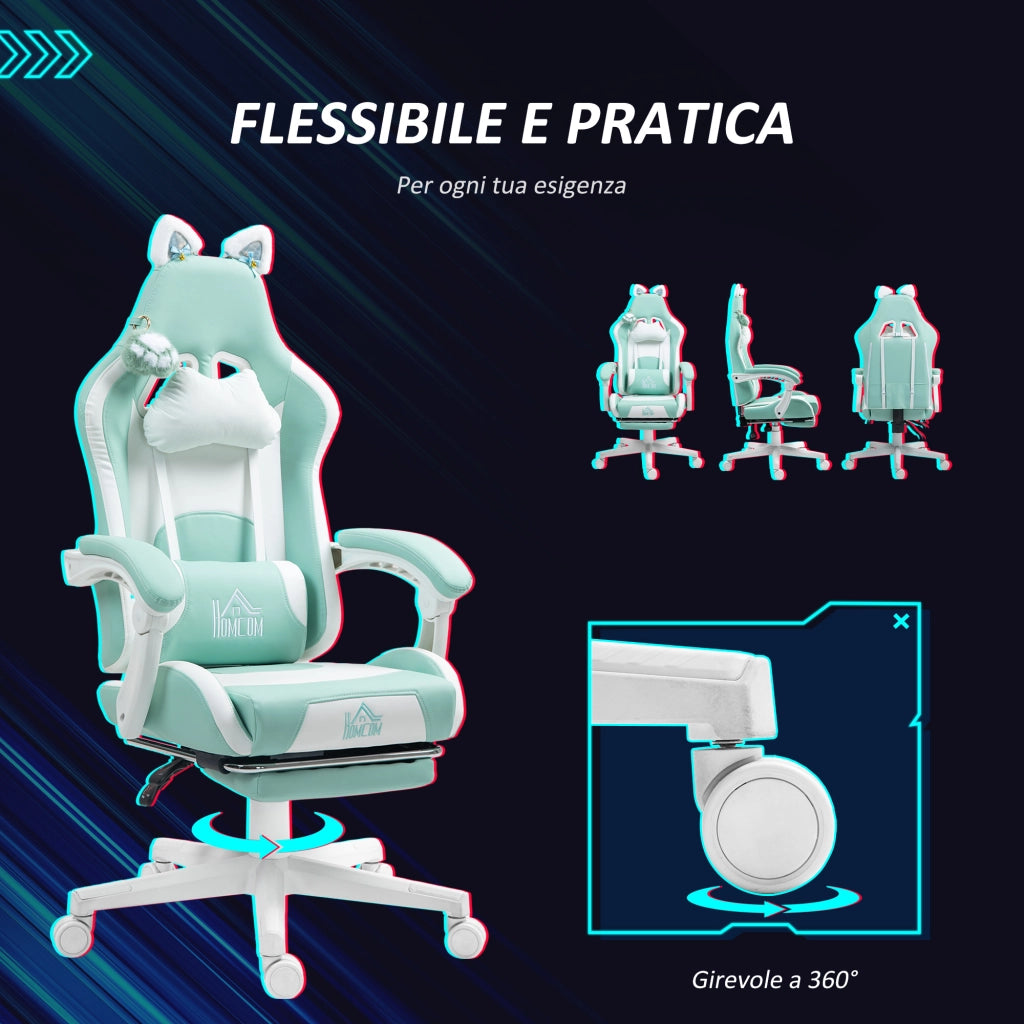 Poltrona da Gaming Reclinabile ¨C zephmum ¨C Pelle e Spugna, Bianco e Blu, 65x62x116-124 cm