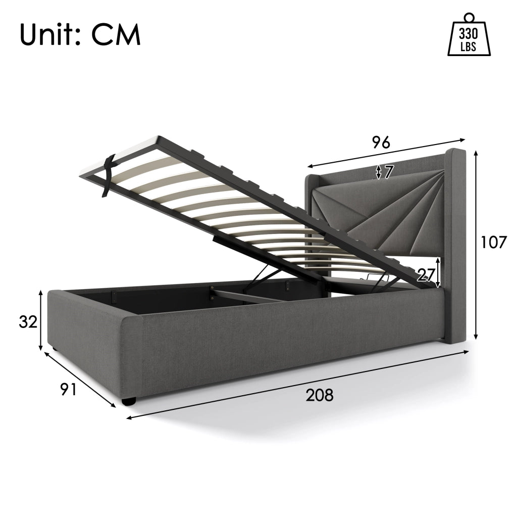 Letto singolo imbottito con contenitore 90x200 cm; USB e Type-C; grigio