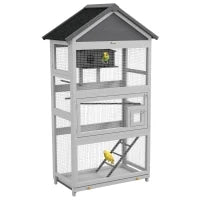 Voliera per Uccellini a 3 Porte con Casetta e Vassoio, in Legno e Metallo, 92x52x171 cm, Grigia e Nera